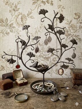 Bronze Cast Iron Ginkgo Leaf Jewelry Tree  Organizer with Bird Nest Trinket Dish
